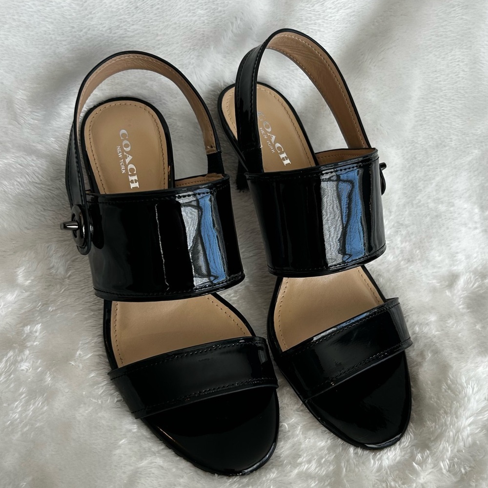 Coach Marla Black Patent Leather Slingback Heels | Size 7B | Turnlock Detail